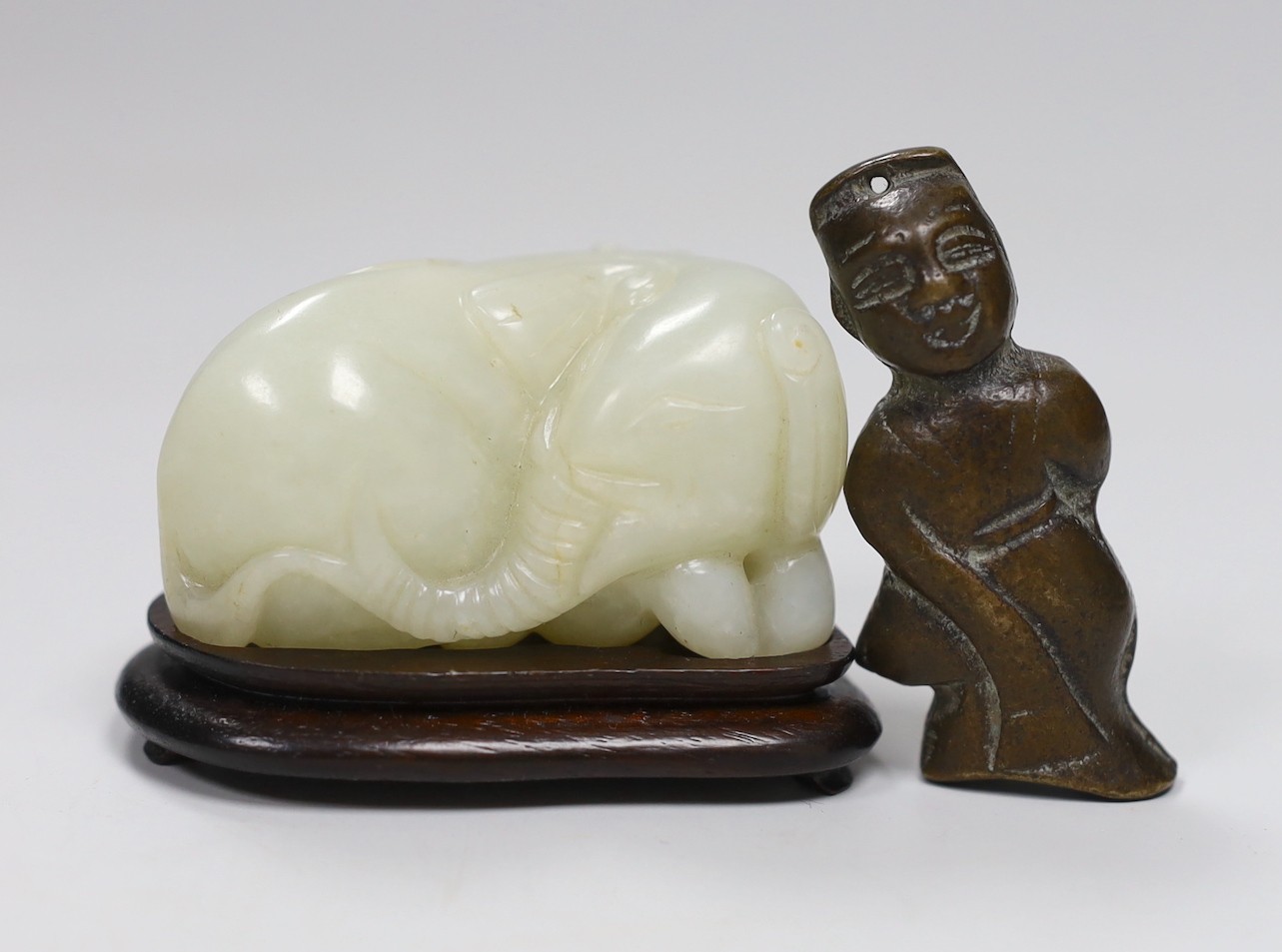 Chinese white jade carving of a monkey and elephant, with wooden stand - 8cms wide and a Chinese bronze figure